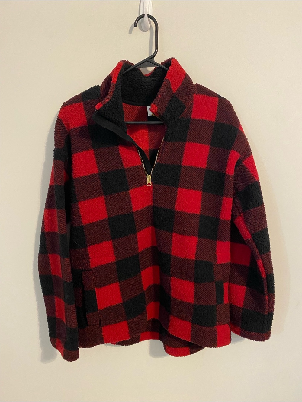 Old Navy Red and Black Buffalo Plaid Sherpa Half-Zip Pullover
